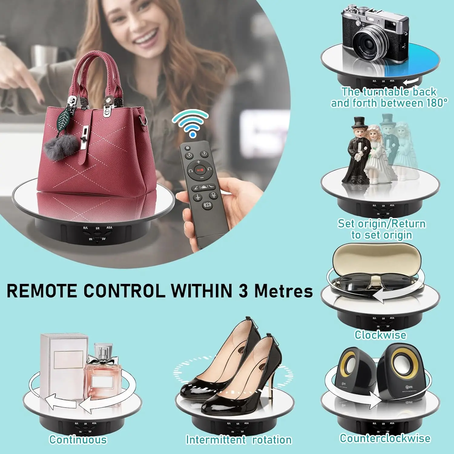 360 Rotating Display Stand, 7.9' Top Mirror Remote Control Motorized Display Turntable Usb Powered for Photography Products Show