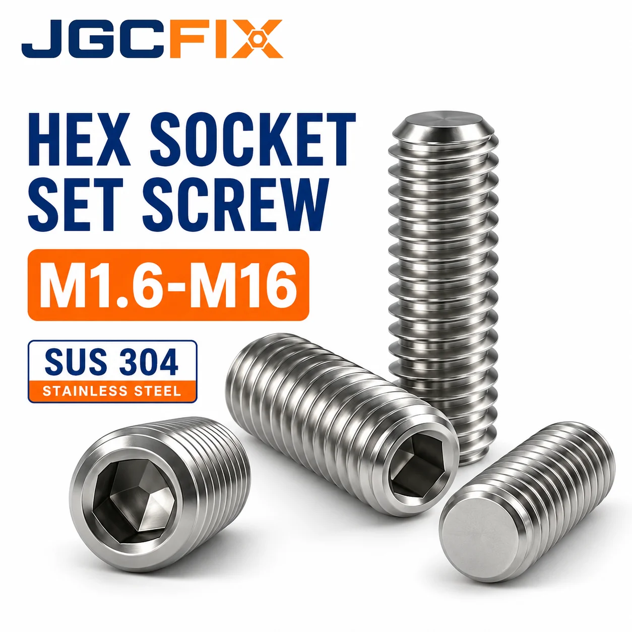 304 Stainless Steel M2-M16 Hex Socket Set Screws Flat Point Allen Head Headless Grub Screws Embedded Machine Fasteners