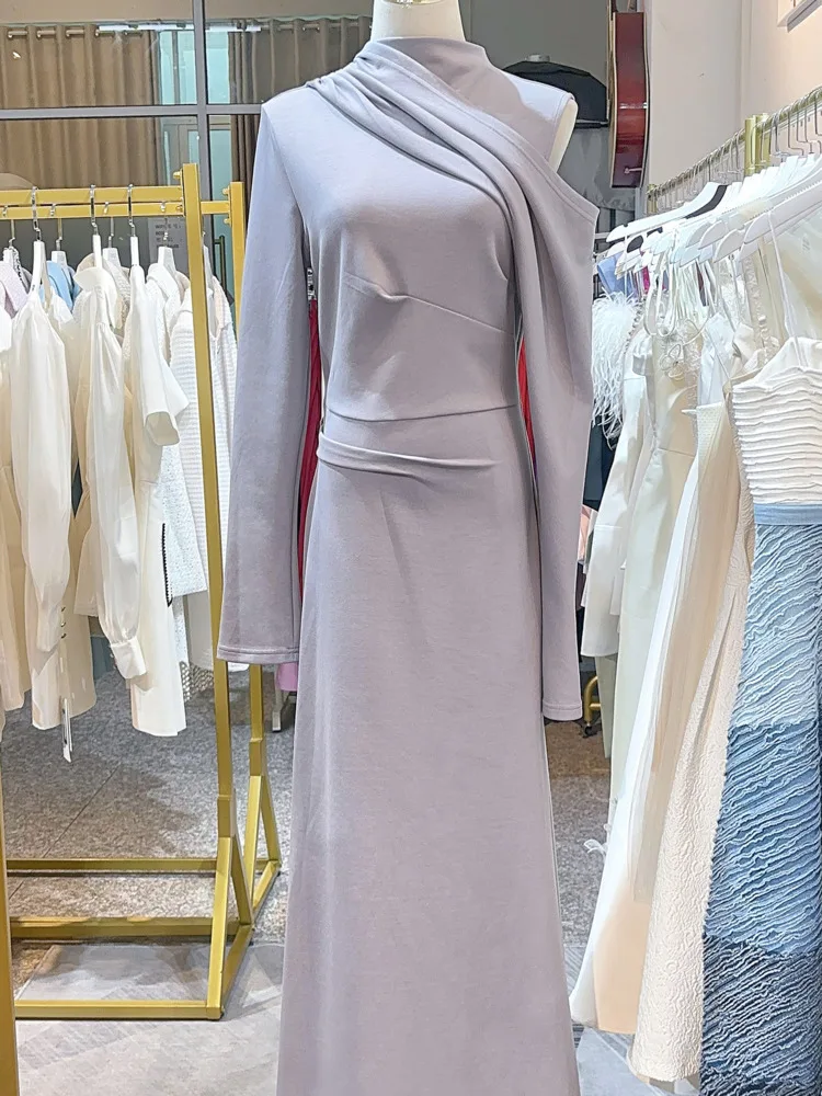 LISM moda mujer vestido de noche cuello redondo diseño calado plisado cintura alta elegante vestido de punto de fiesta 2024 otoño nuevo