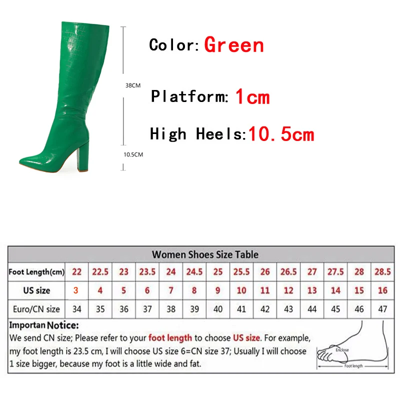 Liyke Sexy Green Snake Print Leather Knee High Boots Women Square Heels Winter Long Shoes Pointed Toe Zip Cool Knight Bootties