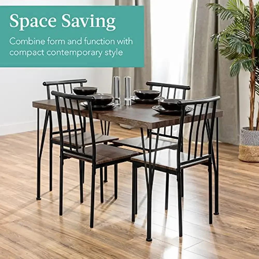 Modern Metal Wood Dining Set Kitchen Table w/4 Chairs Breakfast Nook Seats 4 Rectangular Space-Saving Design Easy to Clean Drift