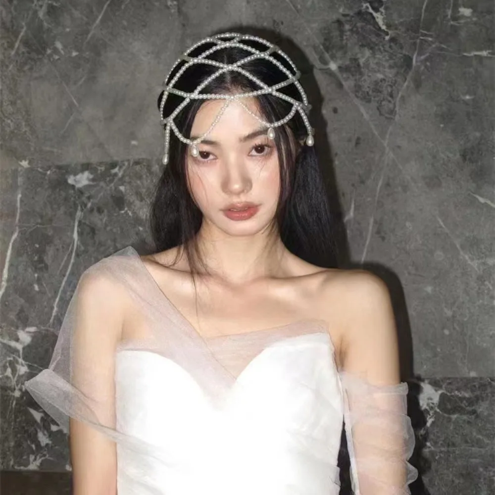 

New Handmade Pearls Weave Hat Tassel Elegant Headwear Pearl Beaded Meshes Bride Headpiece Women