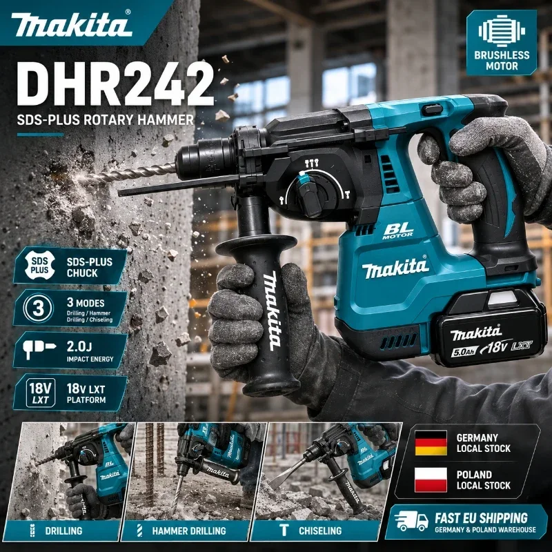 Oryginalny wiertarko-wkrętarka udarowa akumulatorowa Makita DHR242, silnik bezszczotkowy 18V, zawiera oryginalny akumulator 6.0Ah BL1860B, uchwyt SDS-Plus 26mm, 3 tryby wiercenia w betonie, szybka
