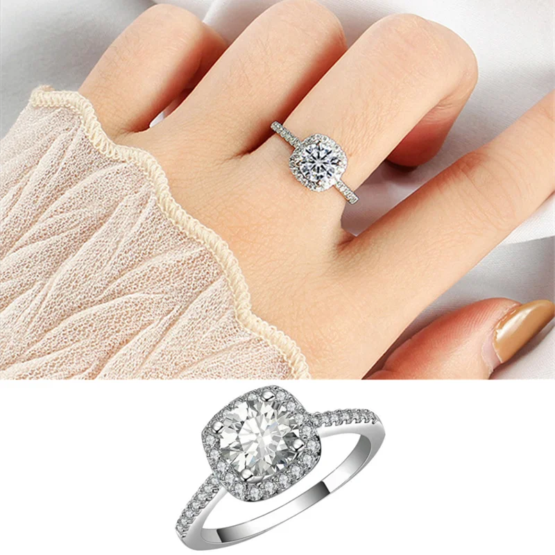 Fashion Crystal Square Rings Silver Plated Adjustable Ring For Women Girl Female Classic Wedding Engagement Jewelry Gifts