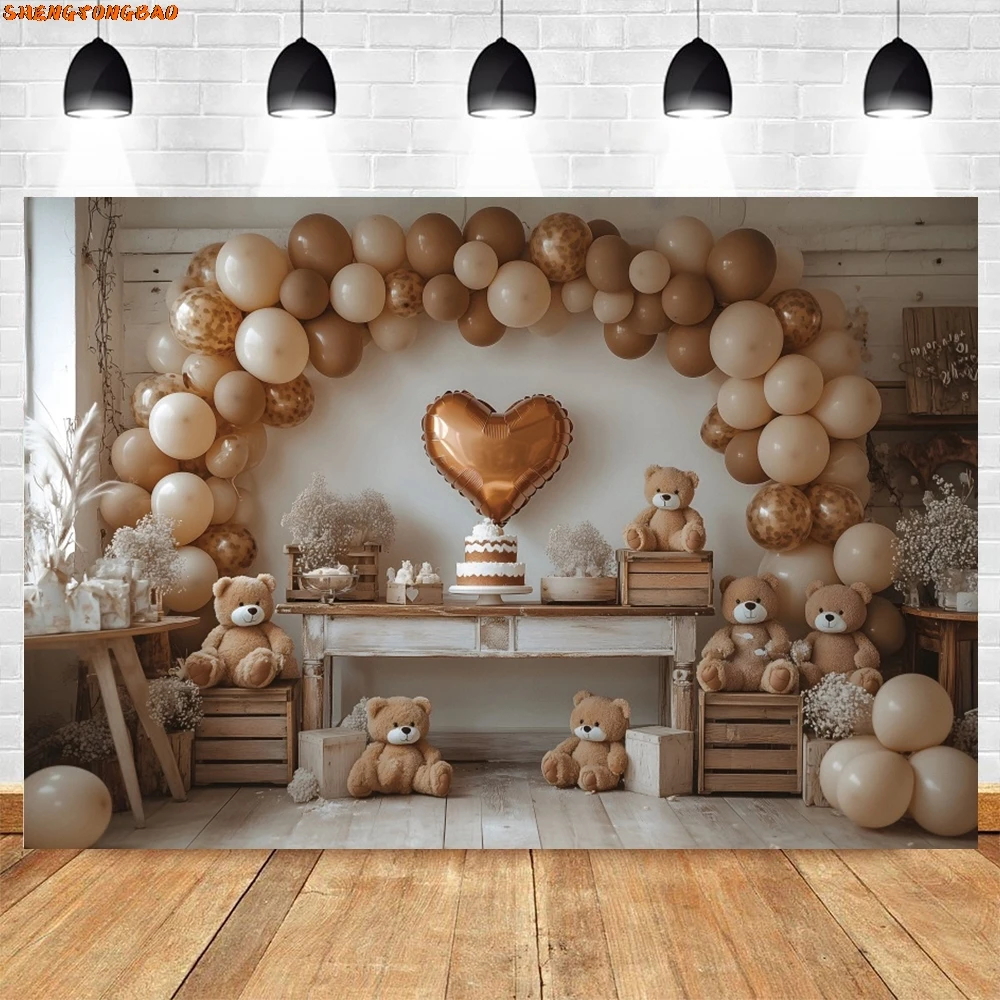 Boho สไตล์หมี Arch บอลลูนการถ่ายภาพพื้นหลังเด็กวันเกิดเค้ก Smash Portrait Decor ฉากหลัง Photo Studio Props