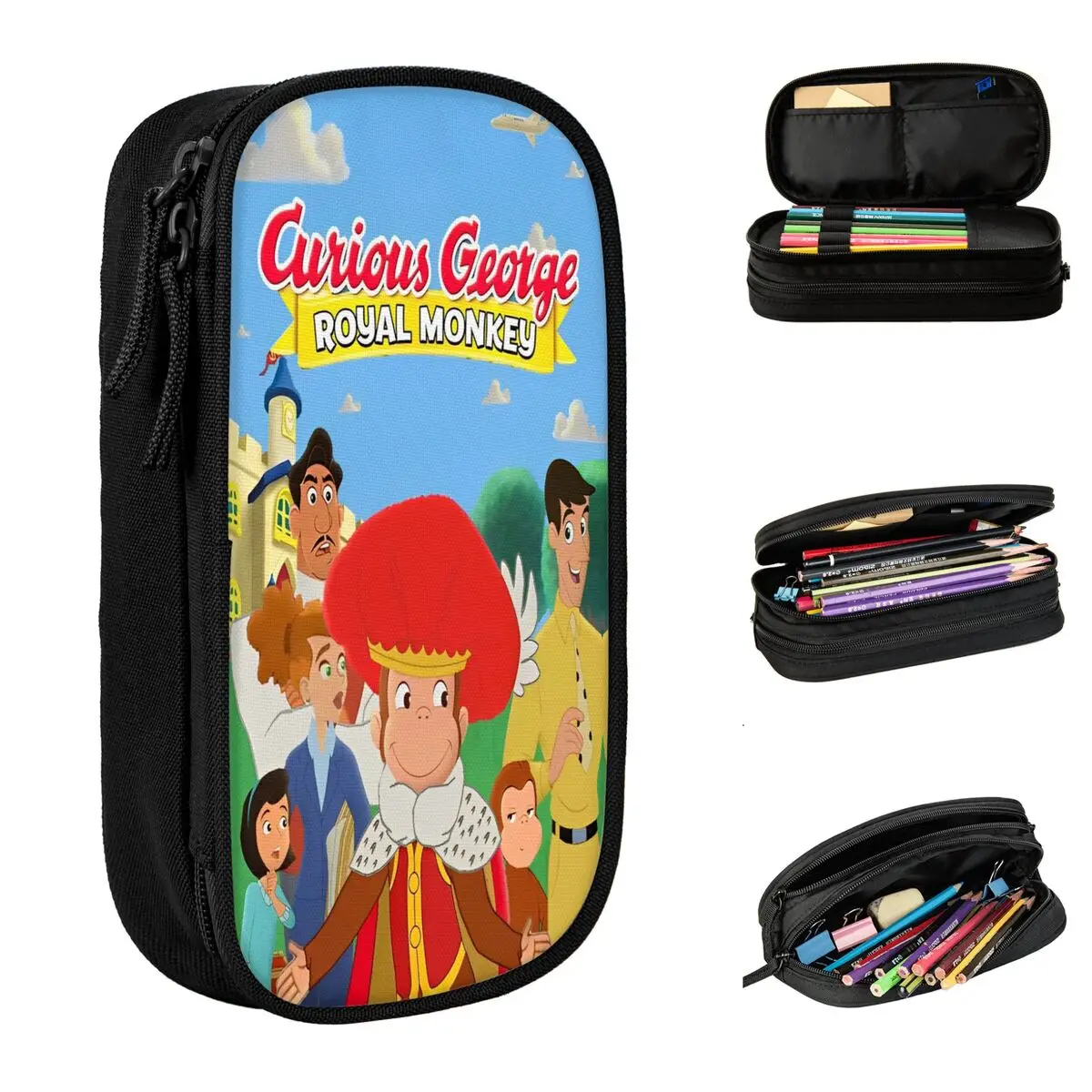 Curious George Kids Cartoon Anime Monkey Pen Box Double Layer Large-capacity For School Pencil Bag Gift