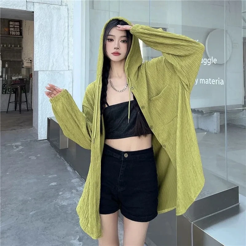 Jacket Women Korean Version of The Ice Silk Sunscreen Female Long-sleeved Summer Thin New Loose Thin Fashion Hooded Shirt Coat