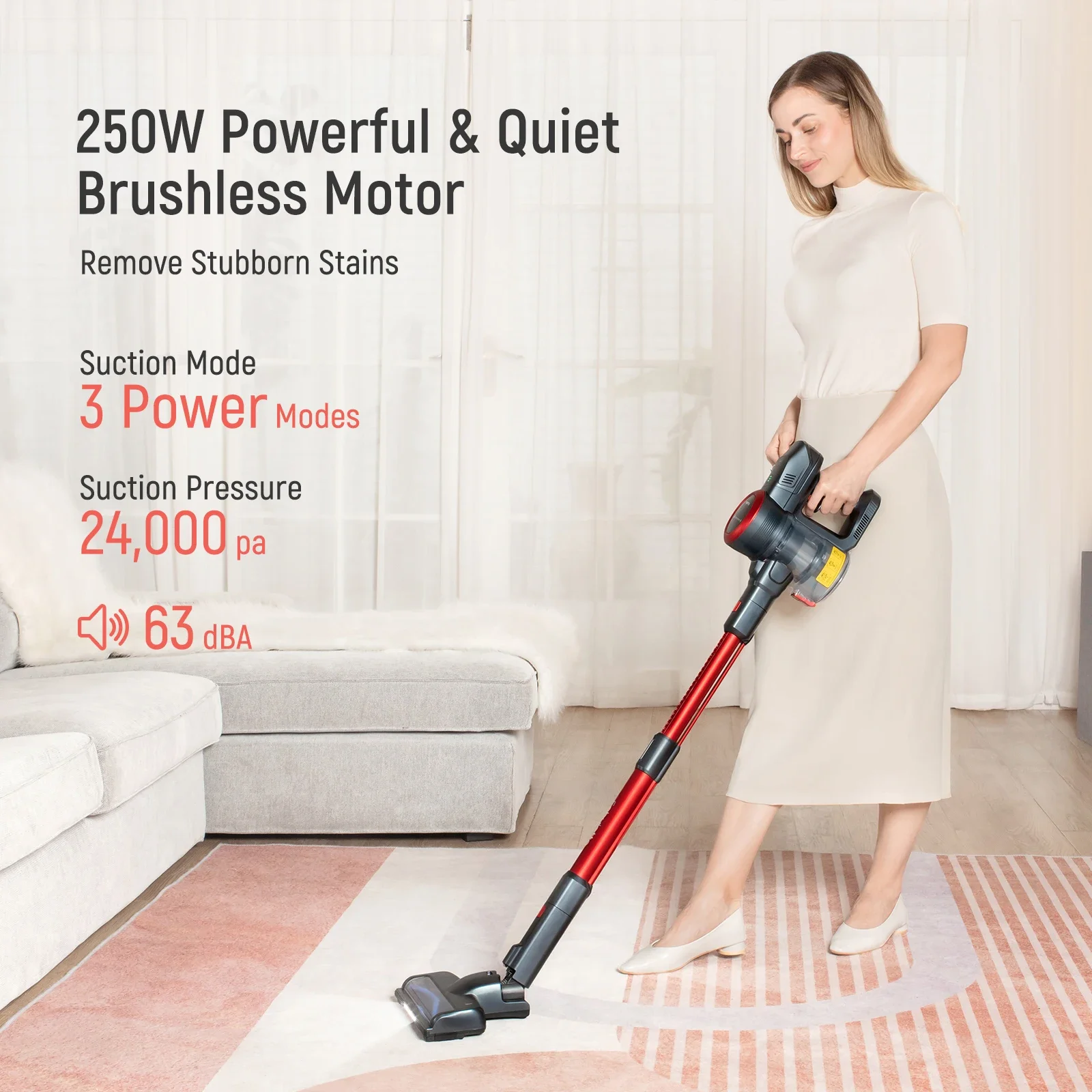 Cordless Vacuum Cleaner, 6-in-1 Lightweight Stick Vacuum Cleaner With 250W Brushless Motor, 24Kpa Free-Standing Vacuum