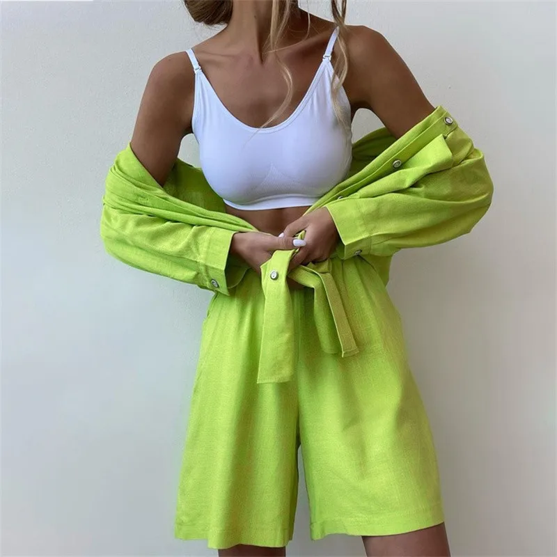 Summer Solid Color Women Shirt And Short Set Casual Cotton And Linen Blouse And Shorts Two Piece Set Casual Tracksuit Outfit