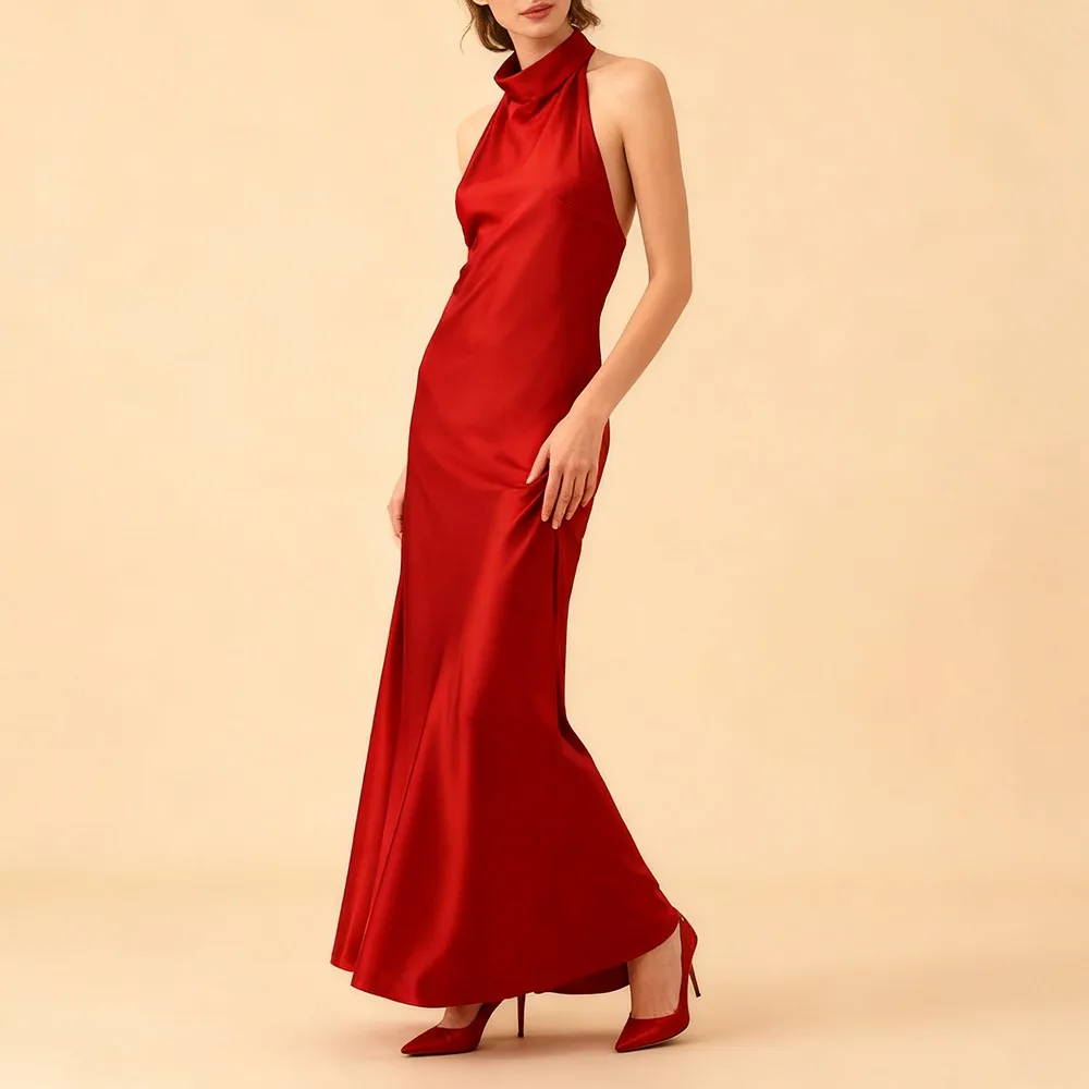 DEUX TWINSTYLE Dos Nu À La Mode Robe De Soirée Pour Femmes Halter Cou Sans Manches Taille Haute Rouge Sexy Satin Longues Robes Femme Nouveau