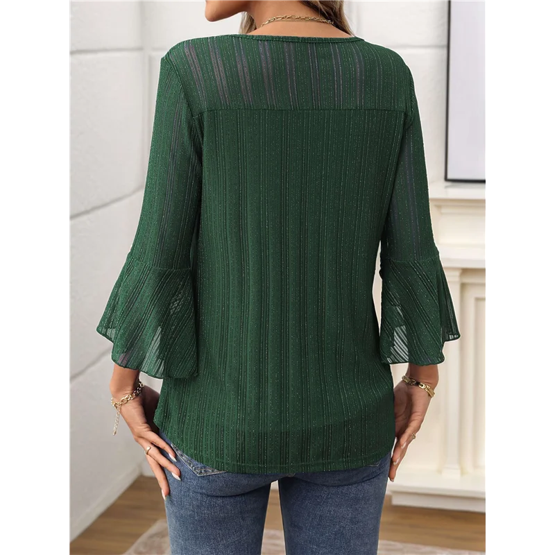 

AG-Women's Ruffle 3/4 Sleeve Elegant Dressy Blouses Crew Neck Double Layers Mesh Tunic Tops