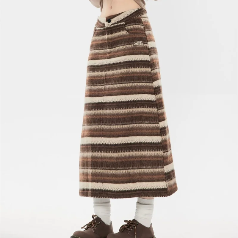 

American Vintage Autumn Winter New Striped Long Skirts for Women Korean Harajuku Style Y2k Fashion High Waist A-line Split Skirt