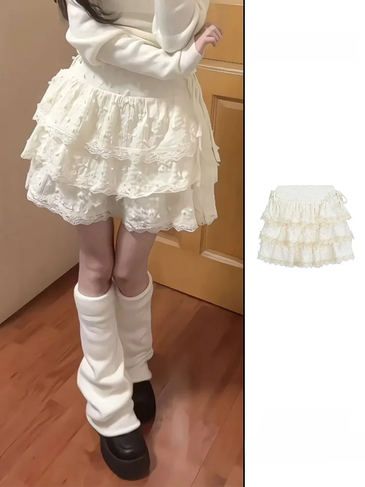 하이웨이스트 레이스 트림 케이크 스커트 여성 여름 트렌드 스위트 디자인 풍성한 스커트 레트로 스타일 출퇴근용