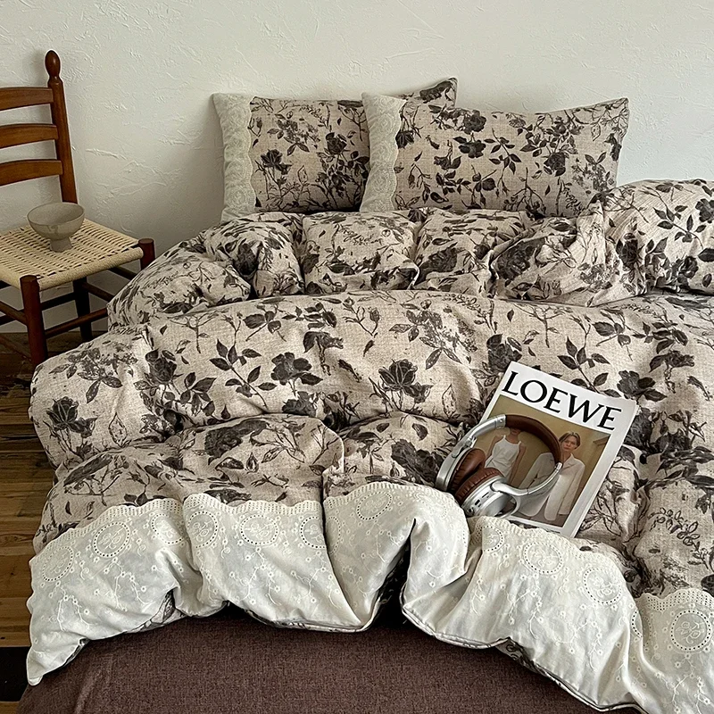 

4PCS Vintage Style Bedding Set Nordic Floral Lace Duvet Cover Flat Sheet Set Twin Double Size Bed Sheet Set For Bedroom Decor
