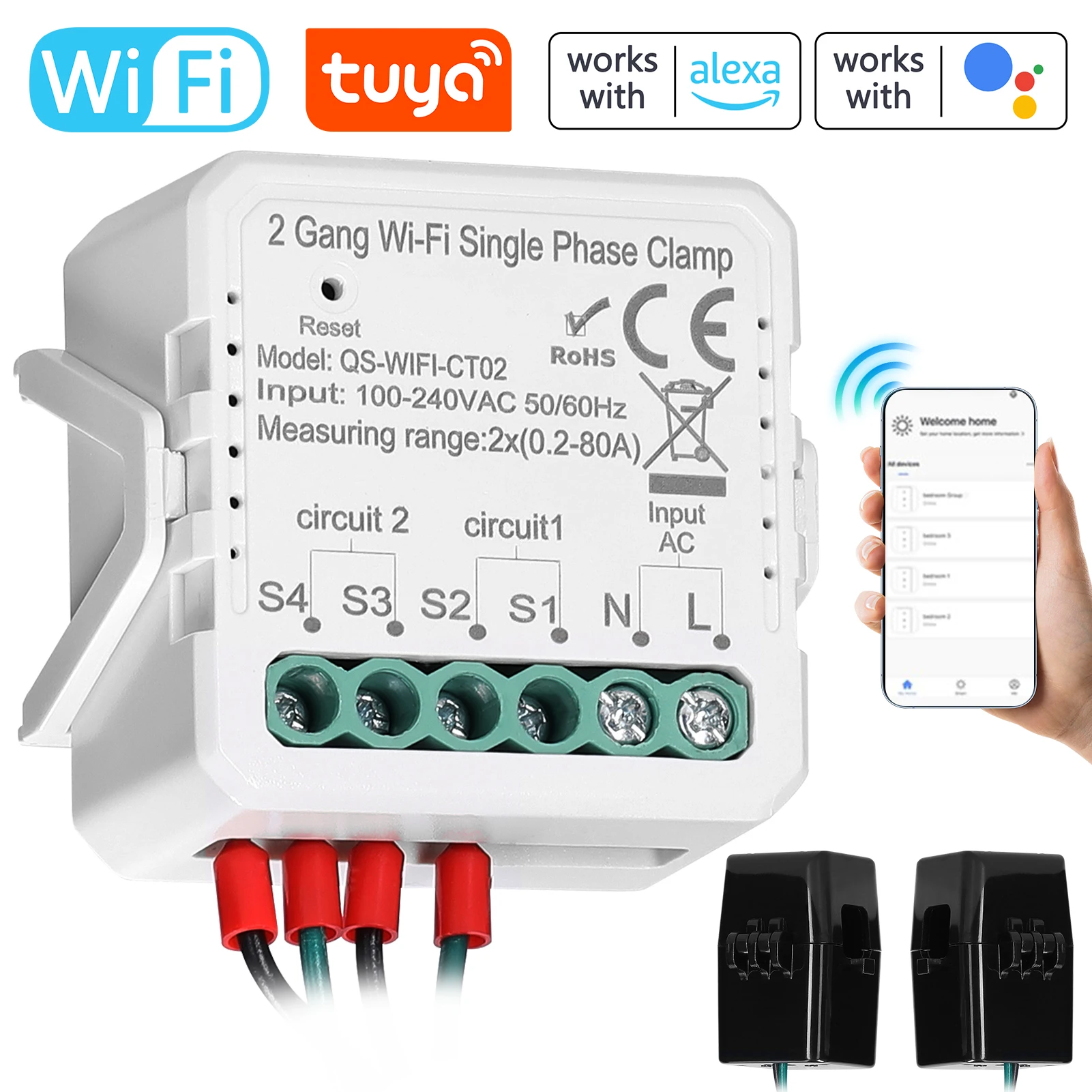 Tuya Wifi Intelligent Energy Meter PV Solar Bidirectional Two Way Energy Monitoring Meter APP Control 1/2 Gang 80A Single Phase