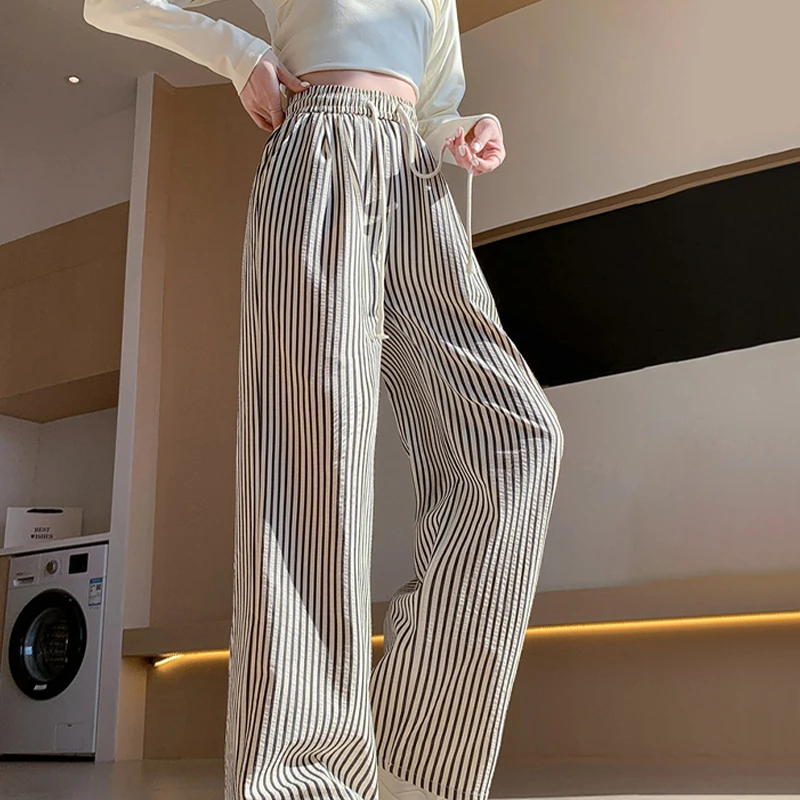 Vertical Striped High Waisted Drawstring Loose Fashionable Casual Pants For Women