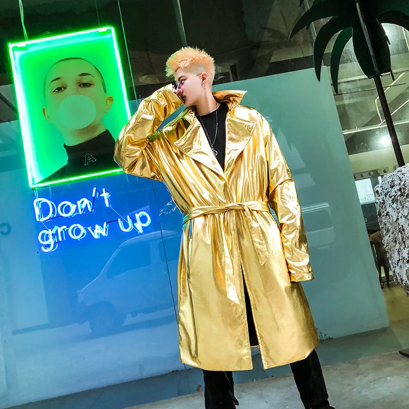 2023 Shiny Golden Silvery Punk Hip Hop Trench Coat Nightclub DJ