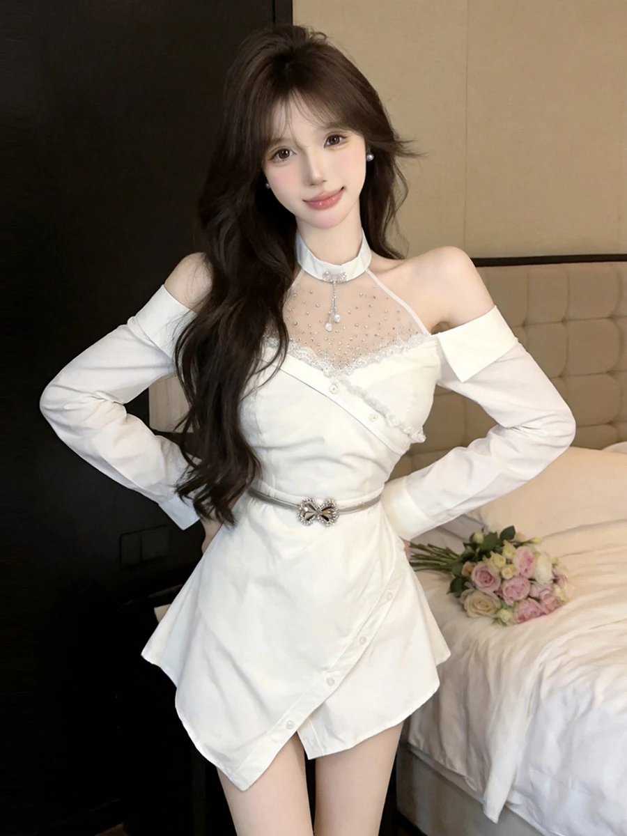 Pure Desire Sexy Girl Design Slimming Mesh Diamond Collar Shoulder Bared Shirt Shorts Two Piece Set Women Fashion Sexy Style