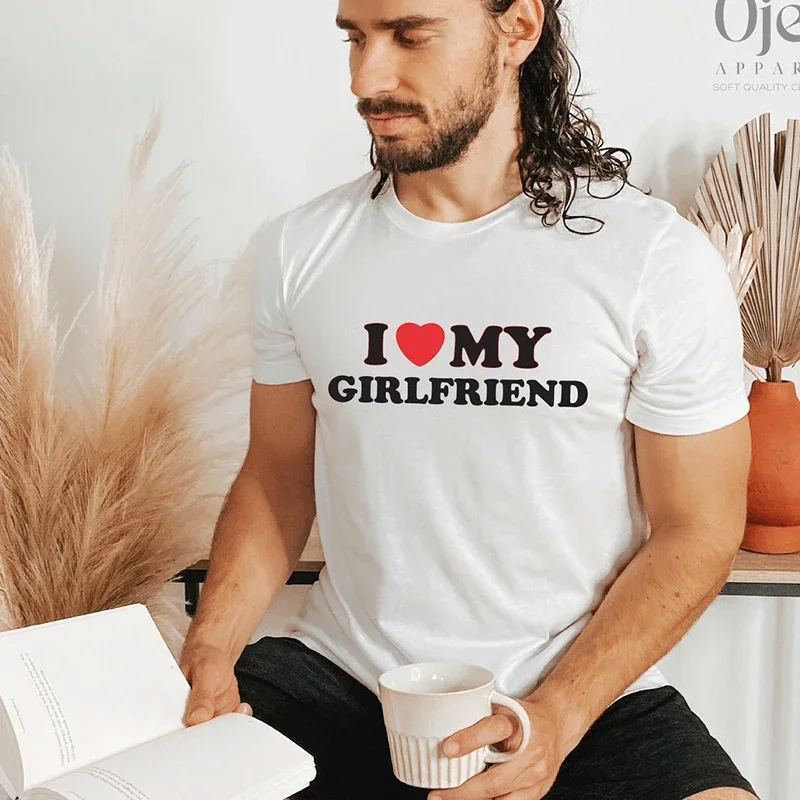 I Love My Girlfriend Boyfriend Heart Printed Couple T Shirt Cotton Short Sleeve Graphic Tee Lover Gift Unisex Clothing Tee Shirt