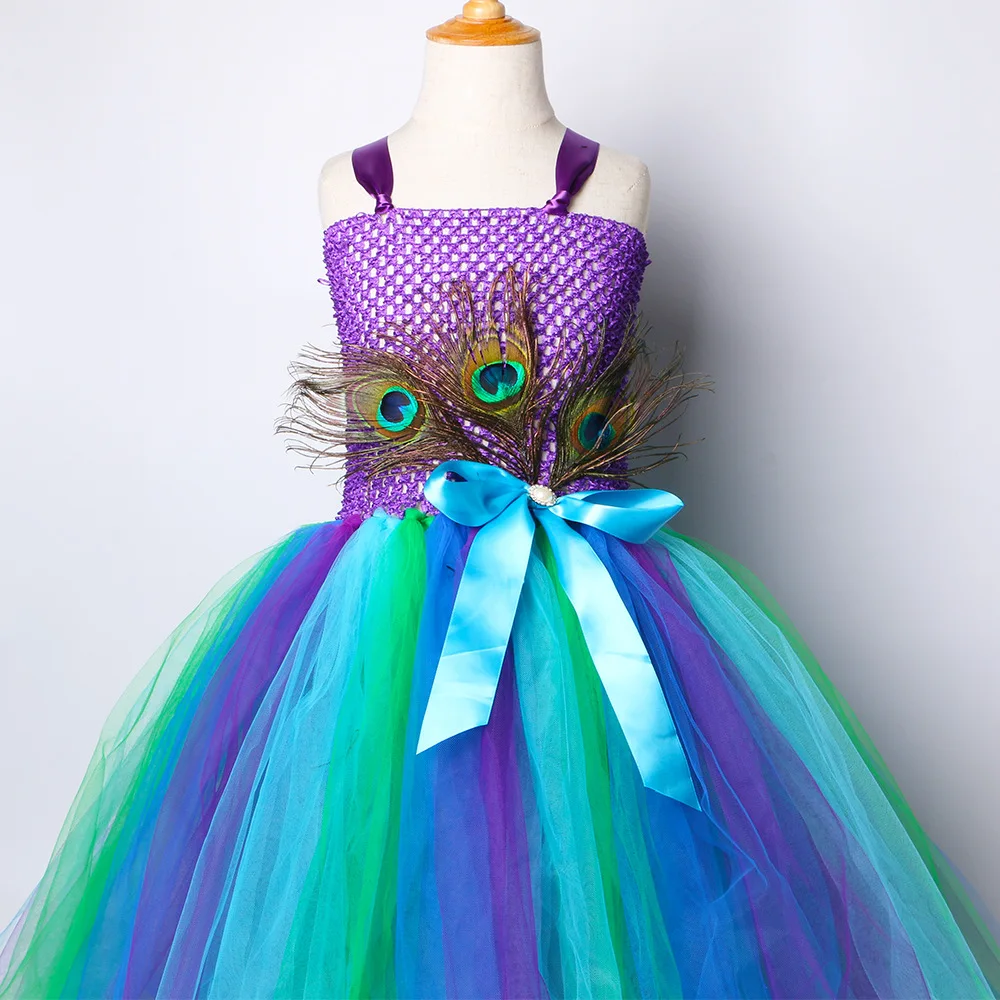 

Peacock Princess Carnival Dress Mardi Gras Costumes Outfit Purple Blue Green Tulle Dresses For Kids Festival Holiday Tutu Dress
