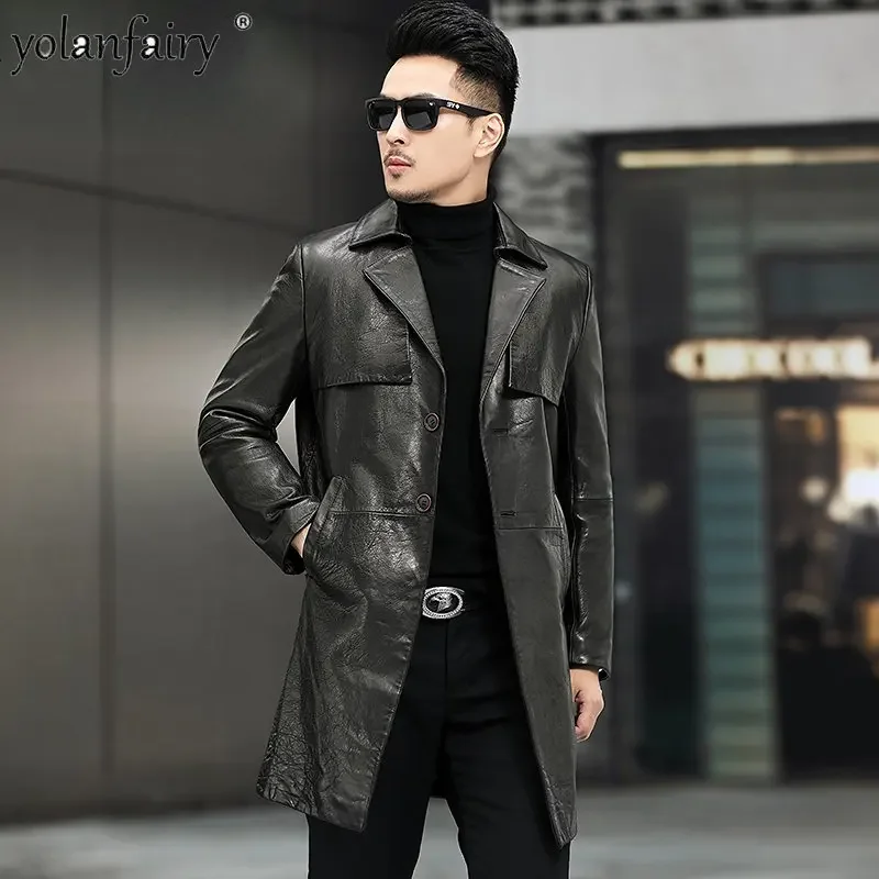 Spring Autumn Genuine Leather Jacker MenTop Layer Sheepskin Medium Long Windbreaker Leather Jacket Male Suit Collar Fashion Coat