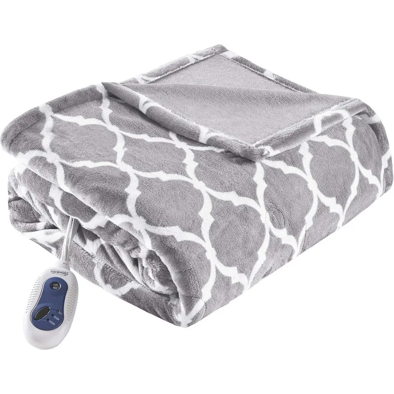 Ogee Printed Plush Electric Blanket for Cold Weather, Fast Heating, Auto Shut Off, Virtually Zero EMF, Multi Heat Setting,