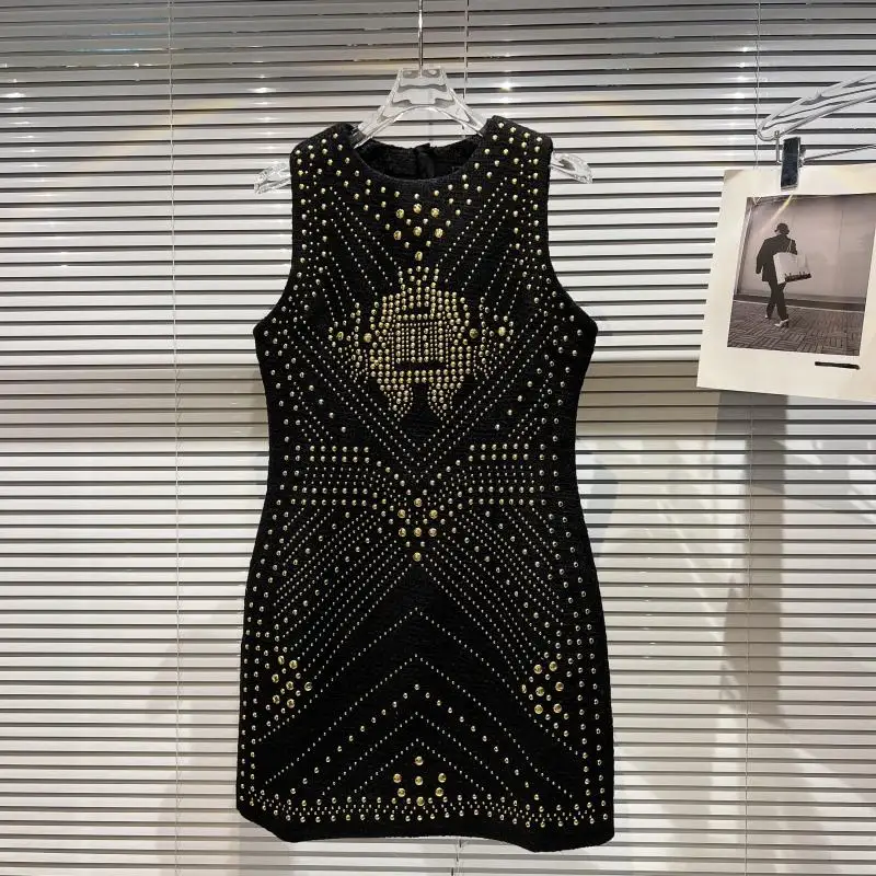 

Small Fragrance Wind Heavy Metal Rivet Tweed Vest Dress Women Elegant Round Collar Sleeveless Slim Dress q91