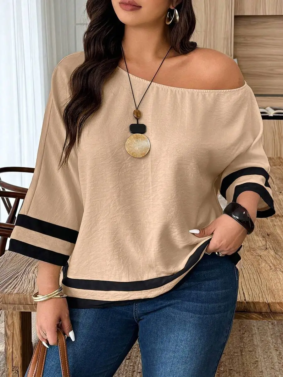 Rosa Fera Plus Size Women's Off Shoulder Loose Fit Casual Top Asymmetric Sleeve Contrast Trim Blouse
