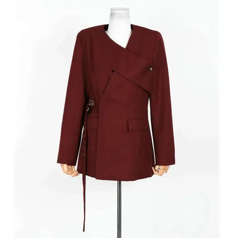 DFDG 2025 ผู้หญิงสีทึบBlazerการออกแบบข้ามไม่สม่ําเสมอและแฟชั่นLace-Up Cinched-เอวเสื้อใหม่