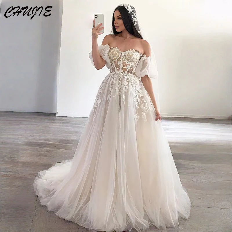 

CHUJIE Customized Short Puff Sleeves Lace Appliques Wedding Dresses Tulle Appliques Formal Bridal Gowns Women Vestido de novia