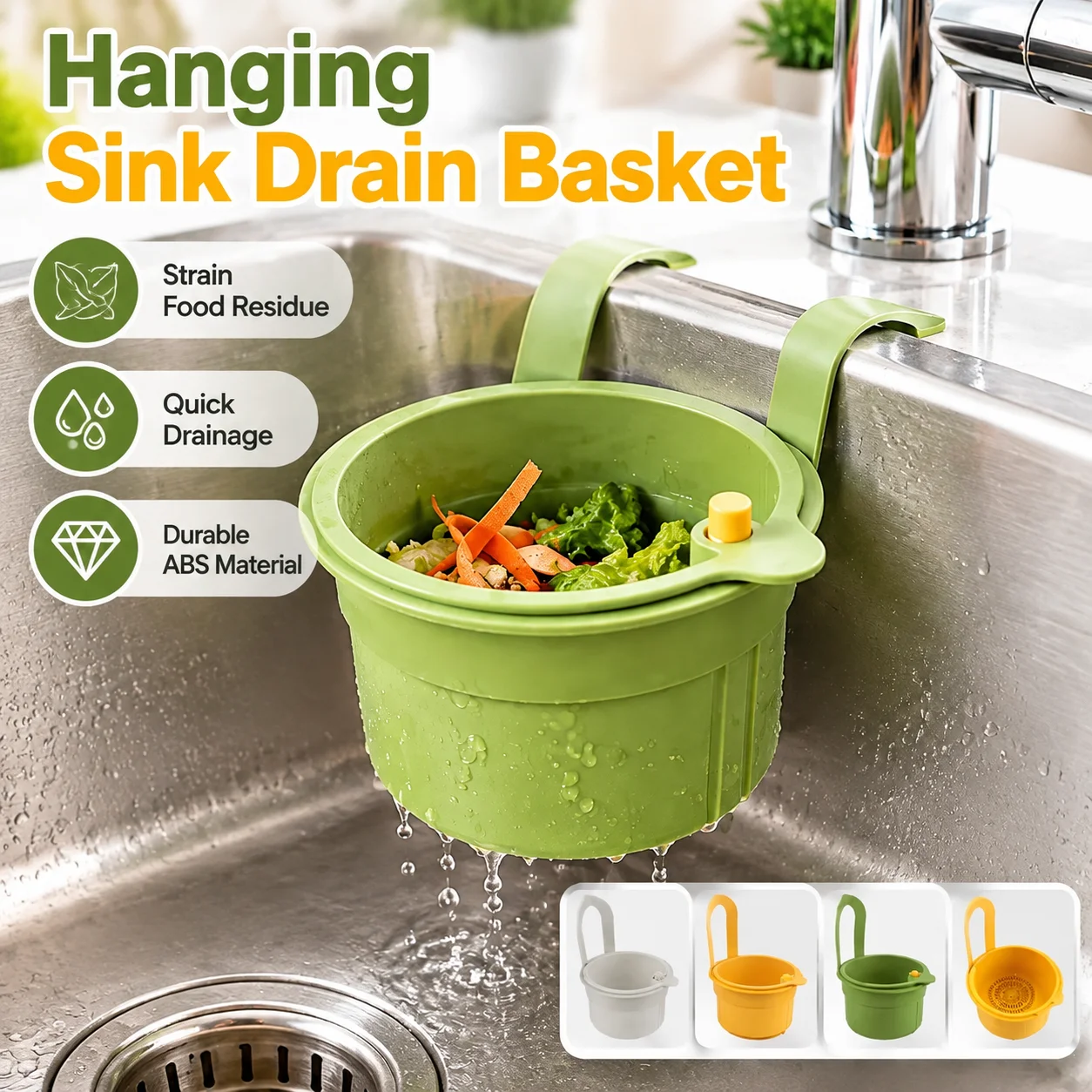 Hanging Sink Drain Basket ABS Food Residue Strainer Vegetable Washing Colander Over-Sink Holder 2 Sizes White Yellow Green