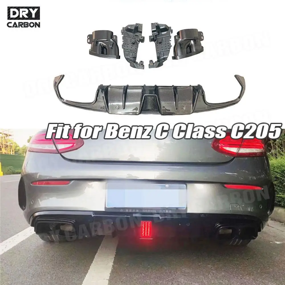 Carbon Fiber Rear Bumper Lip Diffuser with Exhaust Tips for Benz C Class C205 C63 AMG Coupe 2015 2016 2017 2018 2019 Accessories