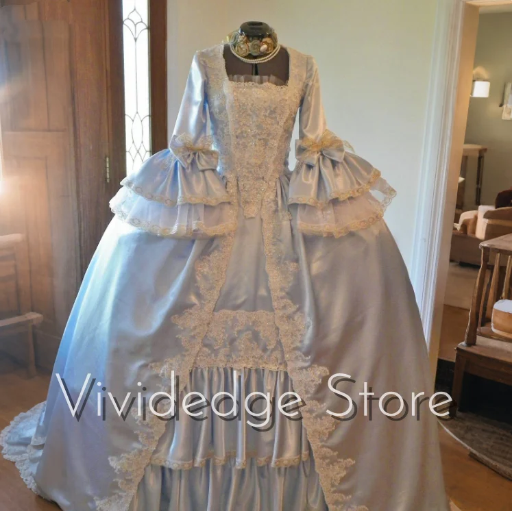 

Средневековые великолепные бледно-голубые бальные платья с квадратным вырезом и длинными рукавами, кружевные аппликации из бисера, индивидуальные вечерние платья трапециевидной формы