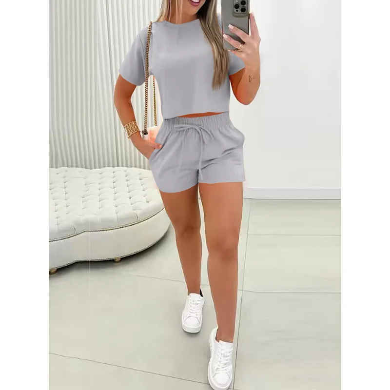 2024Foreign Trade Amazon Cross-Border Casual round NeckTT-shirt Shorts Suit Women's Clothing