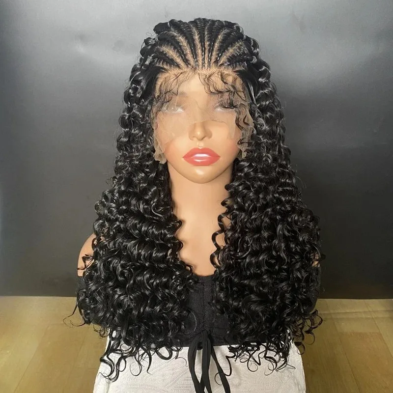 

13x6 Braided Synthetic Wig Deep Wave Transparent Lace Frontal With Baby Hair Kinky Curly For Black Women High Qx;3,v'9.e;7'