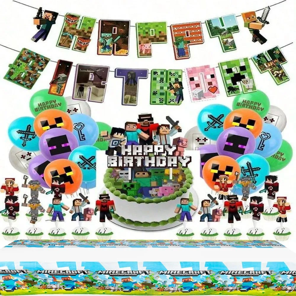 Minecraft Birthday Party Decoration Set - Pixel Game Banner - Balloon Cake Decorative Tablecloth - Birthday Photo Props and Supp