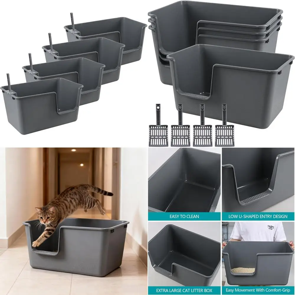 

Large 4-Piece Litter Box with High Sides for Anti-Splash, Open-Top Design in Grey