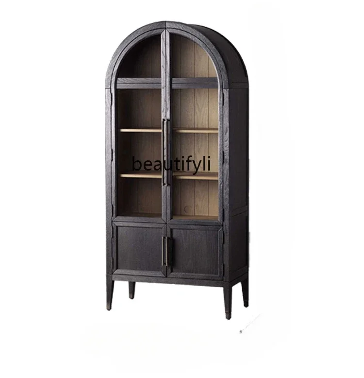 

Light Luxury Solid Wood Nordic Side Cabinet Arch Glass Door Decoration Bookshelf French Retro Wine Cabinet