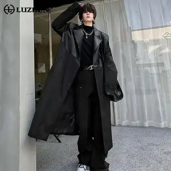 LUZHEN Korean Leather Splicing Long Trench Coat Men's Trendy Loose Knee Length Stylish Outwear Male 2024 Autumn Winter LZ5199