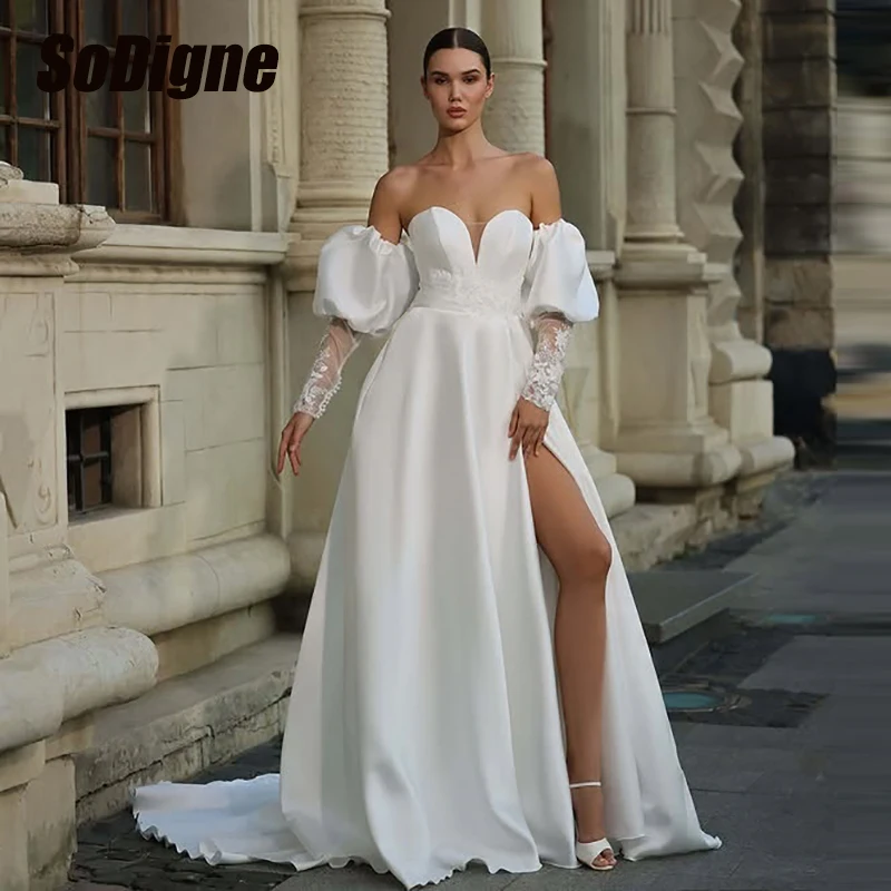 

SoDigne A-line Satin Wedding Dress Detachable Sleeves Sweetheart Bride Dresses 2026 Bridal Gowns vestidos de novia Customized