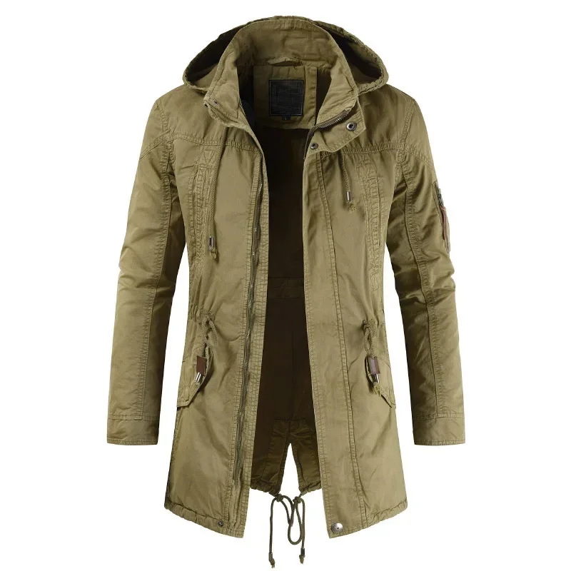 Mens Slim Khaki Jacket High Collar Long Sleeve Casual Long Hooded Jacket Oversize Windbreaker Men Army Green Boys Coat