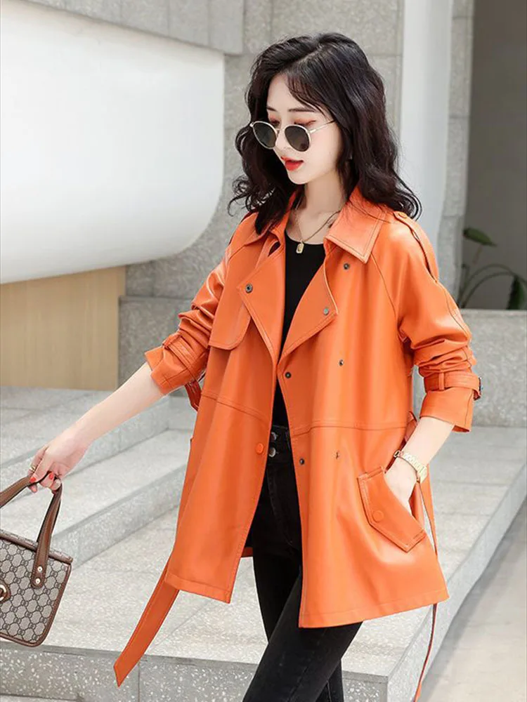 Small leather windbreaker women spring new style that looks tall and slim casual versatile medium to long jacket