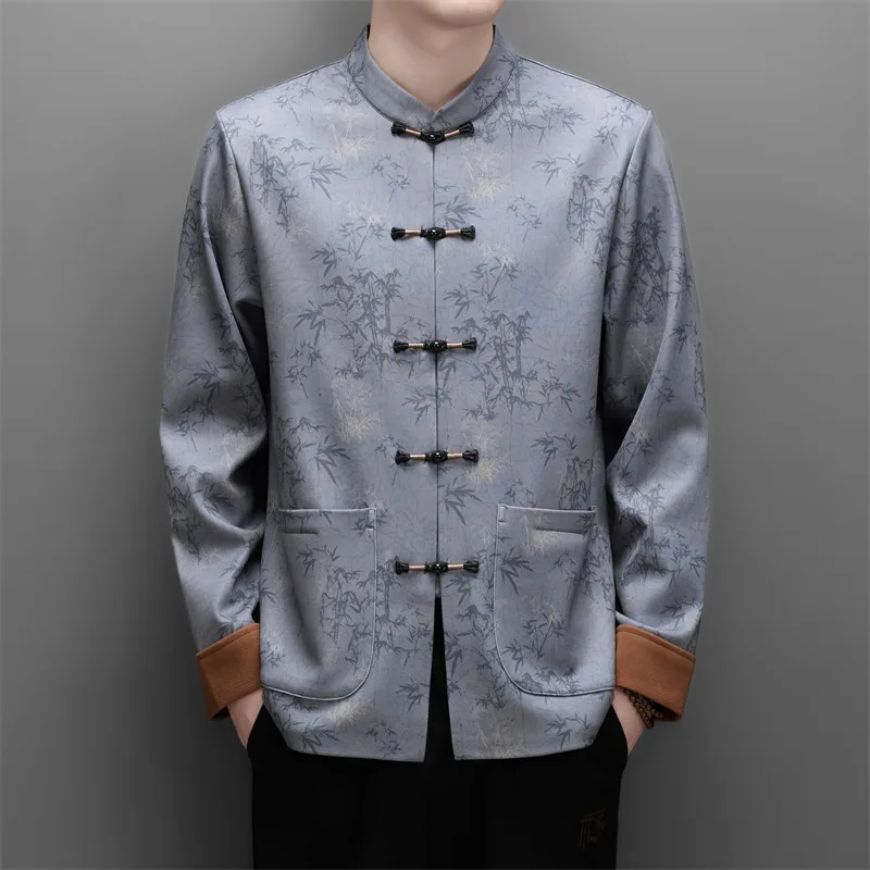 Thick Tang Costume Shirts For Men Long Sleeve Frog Button Casual Winter Fleece Quality Soft Comfortable Luxury Camisas De Hombre