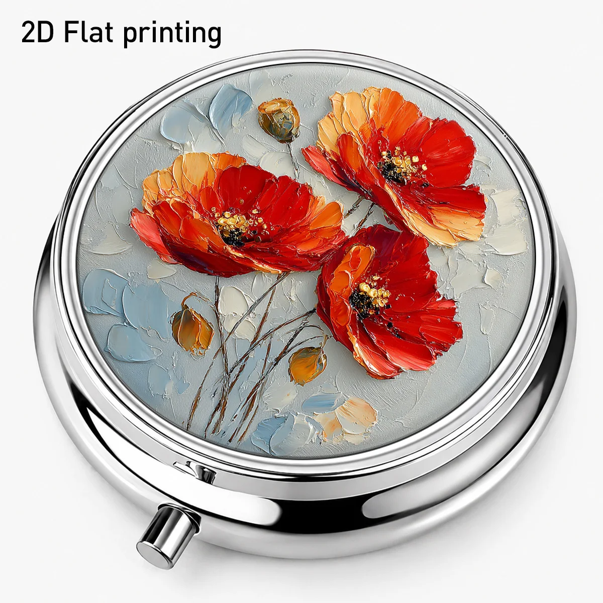 1Pc, Flat Printing, Red and Orange Poppy Flower Pattern Round Small Pill Box, Three-Compartment Portable Storage Box, Small Item Organizer for Jewelry, Medicine, and Vitamins, Vibrant Oil Painting Floral Appearance, Divided Storage to Prevent Mixing, Lightweight and Pocket-Sized, a Must-Have Small Box for Home, Outdoor, and Travel.