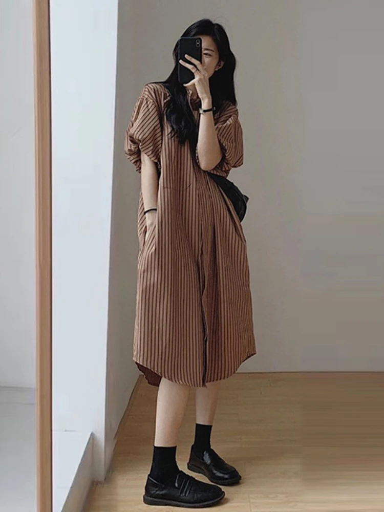 Korean Style Fashion Maternity Striped Shirts Stand Collar Button Fly Irregular Pregnant Women Dress Long Loose Pregnancy Blouse