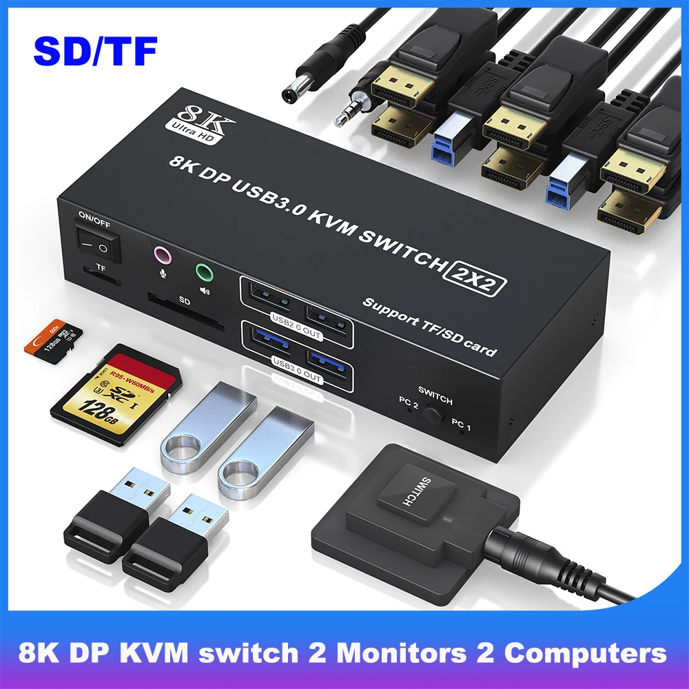 Conmutador KVM 8K 2 monitores 2 computadoras DisplayPort, conmutador KVM USB 3,0 DP con salida de micrófono de audio y 4 puertos USB, ranuras SD/TF