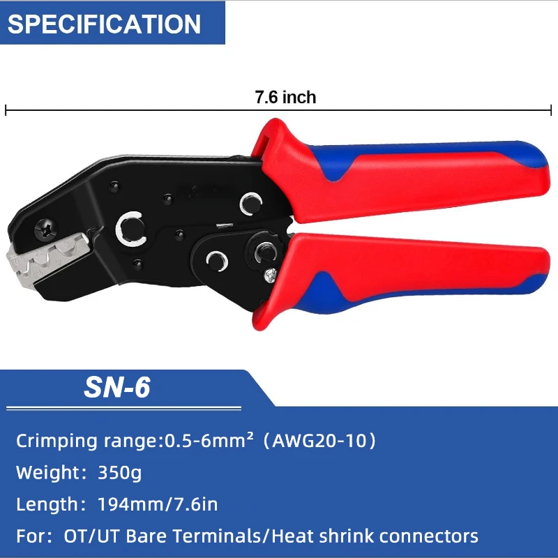 SN-6 Crimpzange Drahtcrimper für nicht isolierte Anschlüsse/Wärmeschrumpfverbinder AWG20-10 (0,5–6 mm2) Handcrimper-Werkzeug – Detail 3