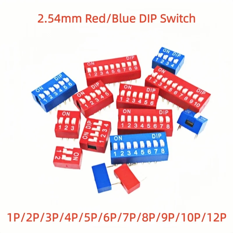 10PCS 2.54MM DIP Toggle Switches Red/Blue Dial Code Spacing Quick Switches 1P 2 3 4 5 6 7 8 9 10 12 PIN for Electronics