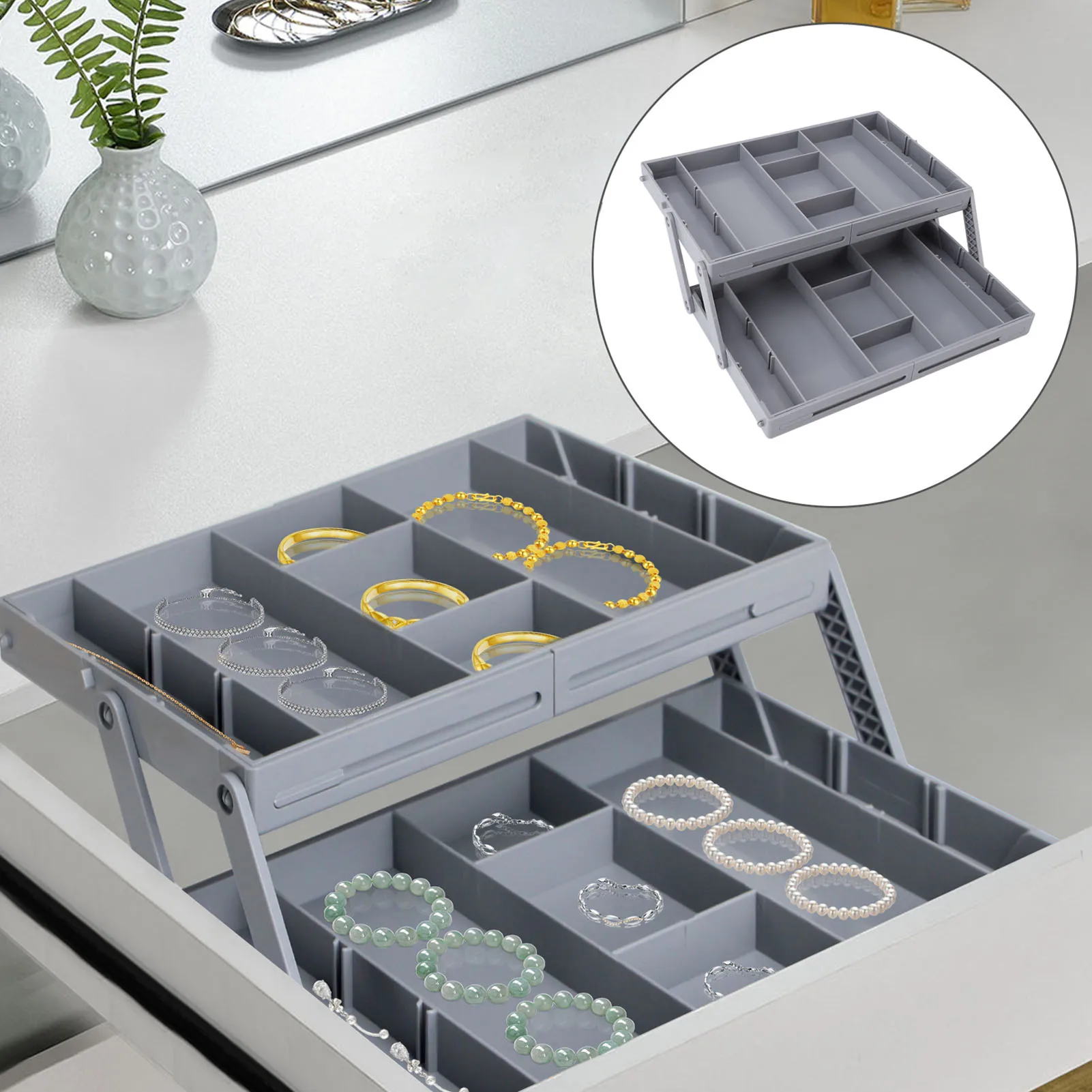 Makeup Drawer Organizer Folding Plastic Multi Functional Long Lasting Robust Lightweight Jewelry Organizer Tray for Bedroom