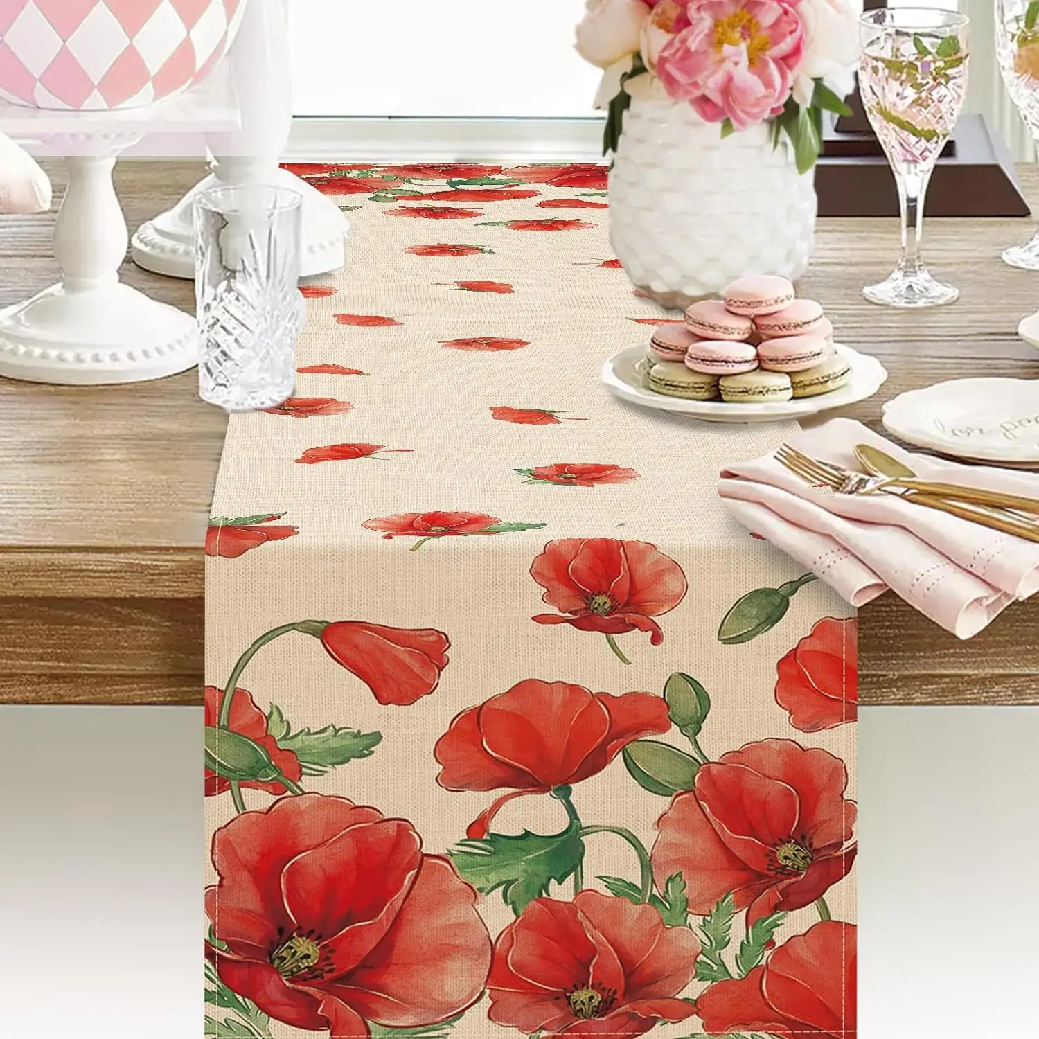 Red Poppy Petal  Flower Linen Table Runner Summer Fall Floral Dresser Scarf Table Decor Holiday Wedding Party Home Banquet Decor